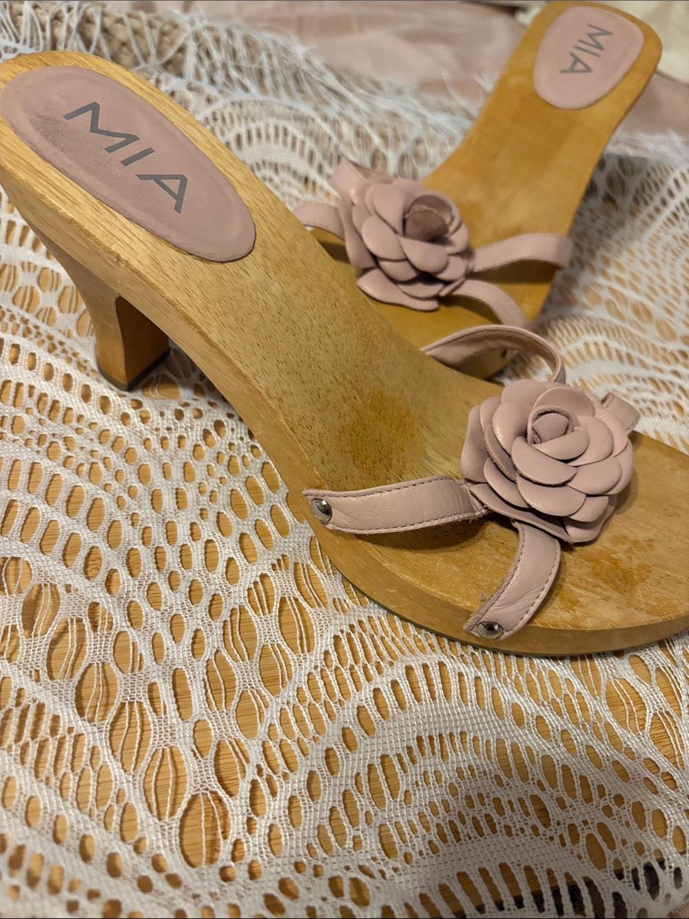 MIA Blush Pink Floral Leather Mule Heels